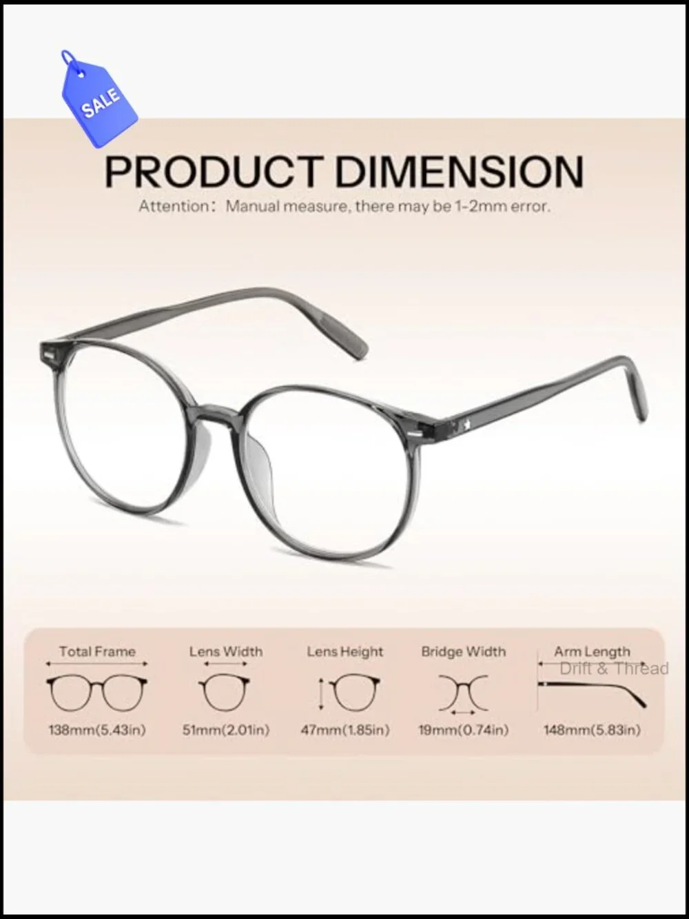 Photochromic Blue Light Blocking Glasses, Transition Lenses, Round Frame